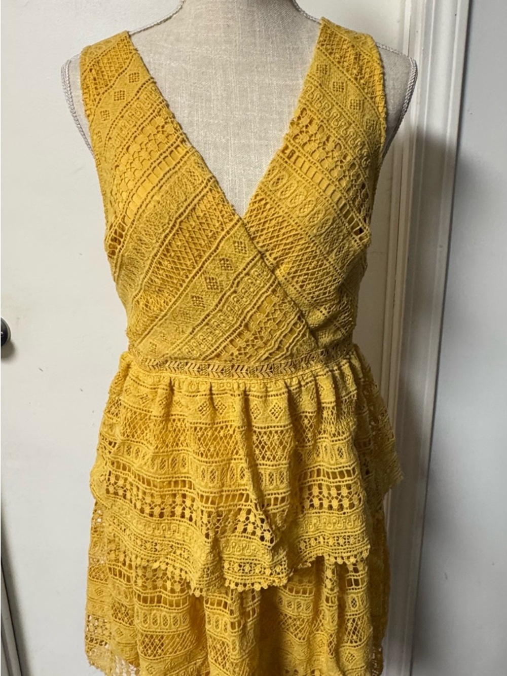 miami Yellow Crochet V-Neck Tiered Mini Dress - Picture 3 of 10